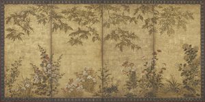 Mimoza, maki, malwy i inne kwiaty, okres Edo, 1630-70 (tusz, kolor i złoto na papierze)